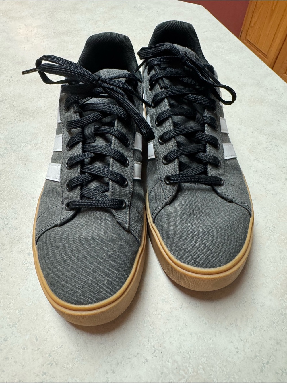 adidas Gray Canvas Sneakers with White Stripes and Gum Outsole